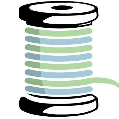 The Tartan Reel logo of a reel of thread in stripes of pale green and blue