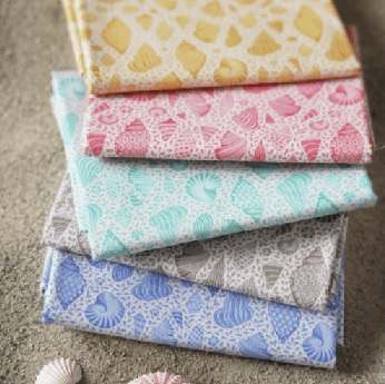A bundle of five fat quarters in pale blue, grey, teal, coral and yellow.