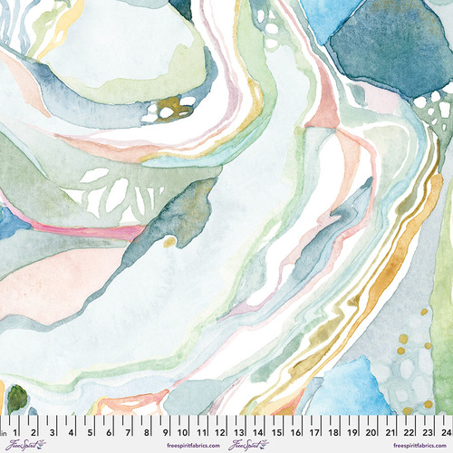 Cotton fabric with a watercolour, marble design in pastel blues and greens