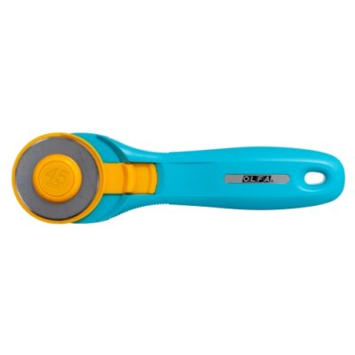 An aqua blue and yellow rotary cutter, with a 45mm blade