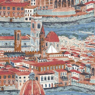 A painterly view looking over Florence in chalky reds and blues. The Duomo and the river are the main focus.